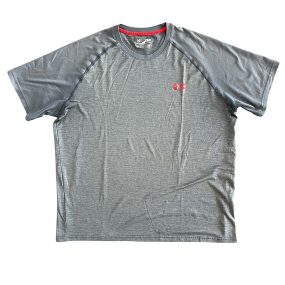 UNDER ARMOUR Grey‎ Red UA Logo Short Sleeve Crewneck Performance Active Size